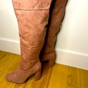 Dusty pink knee high heeled boots